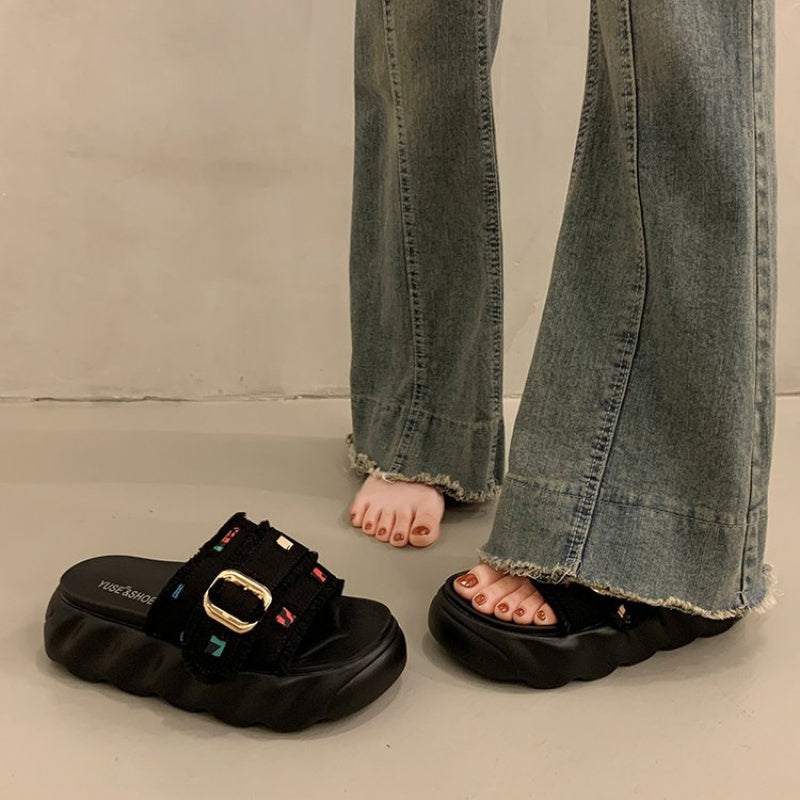 Women'S French-Inspired Chunky Sole Slide Sandals - White Fabric Upper with Colorful Embroidery