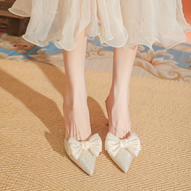 Elegant French-Inspired Pointed-Toe Mules with Bow Detail & Rhinestones - High Heel, Pointed Toe, Fabric Upper, Rubber Sole, Pointed Toe Mules