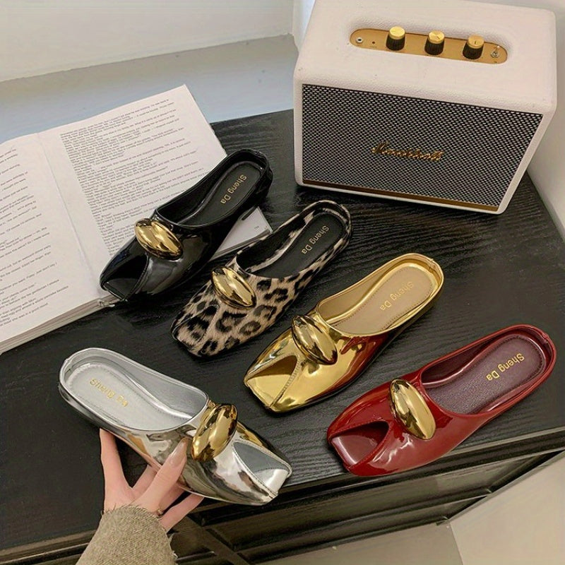 Women's PU Square Heel Closed Toe Slip-On Slippers - Low Heel (0.39-1.18inch) with Golden Buckle Detail, Red & Golden Color Block Design, Breathable Synthetic Cover & Rubber Sole for Summer Comfort, Dressy Slipons, Chic Slippers, Rubber Sole Footwear