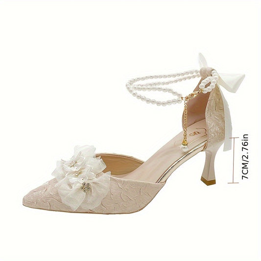 2024 Spring And Autumn New Style Thin High Heels with Flowers And Bow One-Word Buckle for Outdoor Wear