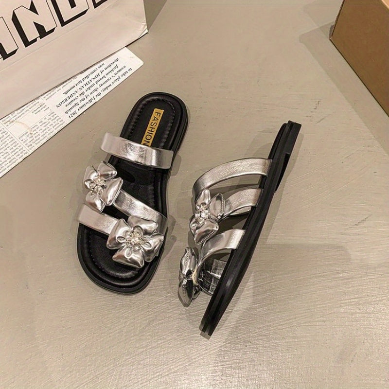 2025 New Korean Style Summer Open-Toe Flat Sandals for Women - Casual Fashion, Floral Embellishments, Non-Slip Rubber Sole, Ankle Strap, Beige & Black Design, Summer Sandal
