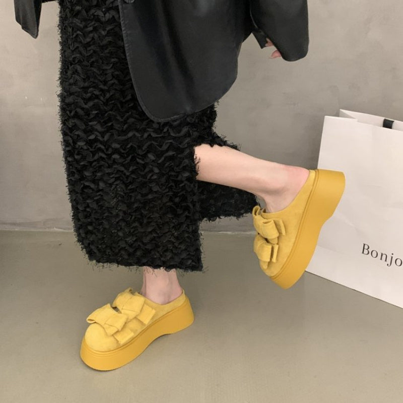 Women's Chunky Platform Mules with Bow Accent - Thick Platform Heel Wedge Sandals