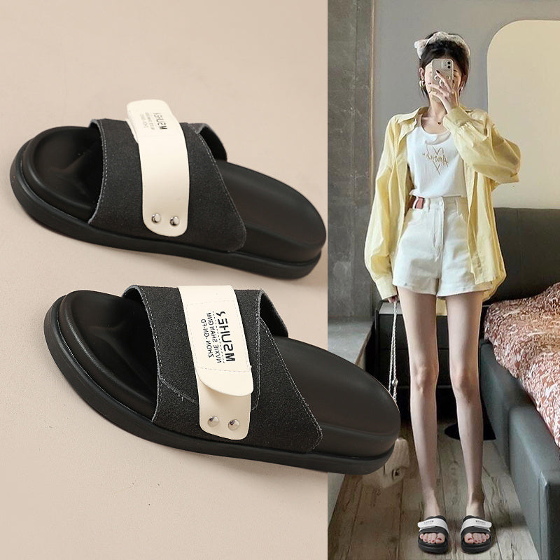 Women'S Retro Chunky Sole Flat Sandals - Black Microfiber Cover, Thick Rubber Sole, Comfortable EVA Insole