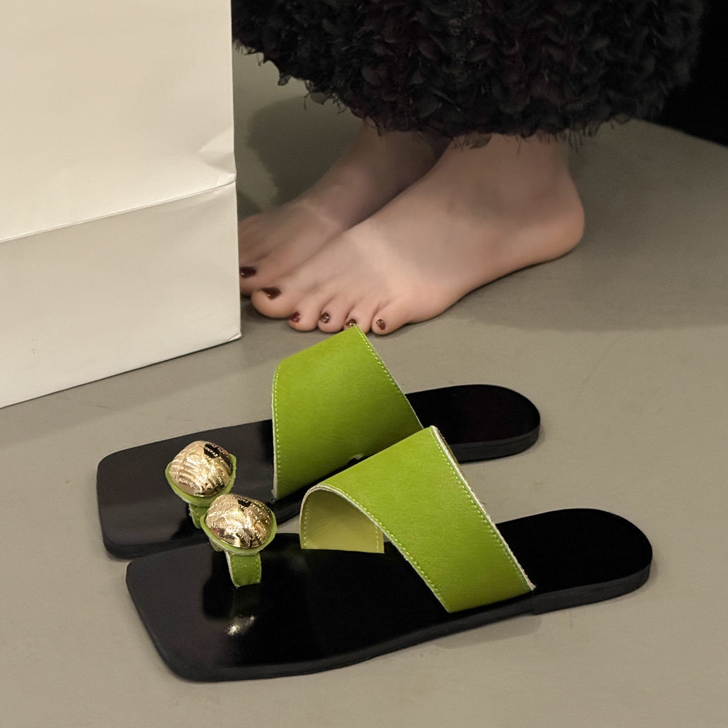 Elegant Women'S Flat Sandals - Black Open Toe Slip-On with Green Toe Straps, TPR Sole, Synthetic Cover Summer Casual Shoes for Casual Attire, Strappy Sandals