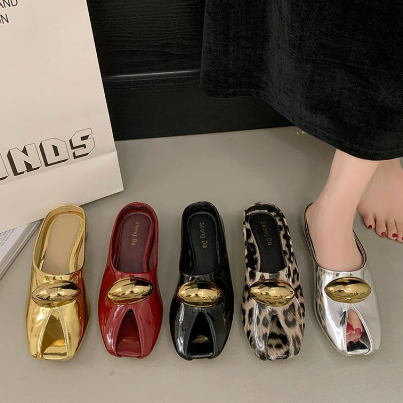 Women's PU Square Heel Closed Toe Slip-On Slippers - Low Heel (0.39-1.18inch) with Golden Buckle Detail, Red & Golden Color Block Design, Breathable Synthetic Cover & Rubber Sole for Summer Comfort, Dressy Slipons, Chic Slippers, Rubber Sole Footwear