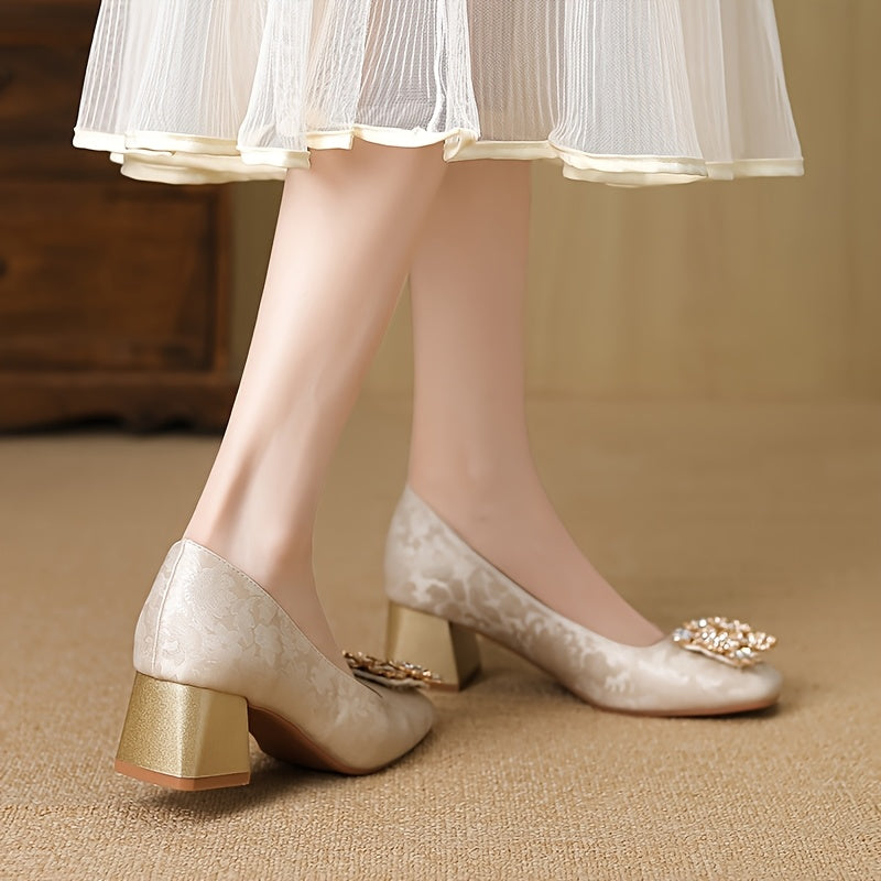Huizhou-New Style Chinese National Style Fabric Chunky Heel Square Rhinestone Buckle Fashion Women's High Heels Versatile Wedding, Evening Gentle Shoes