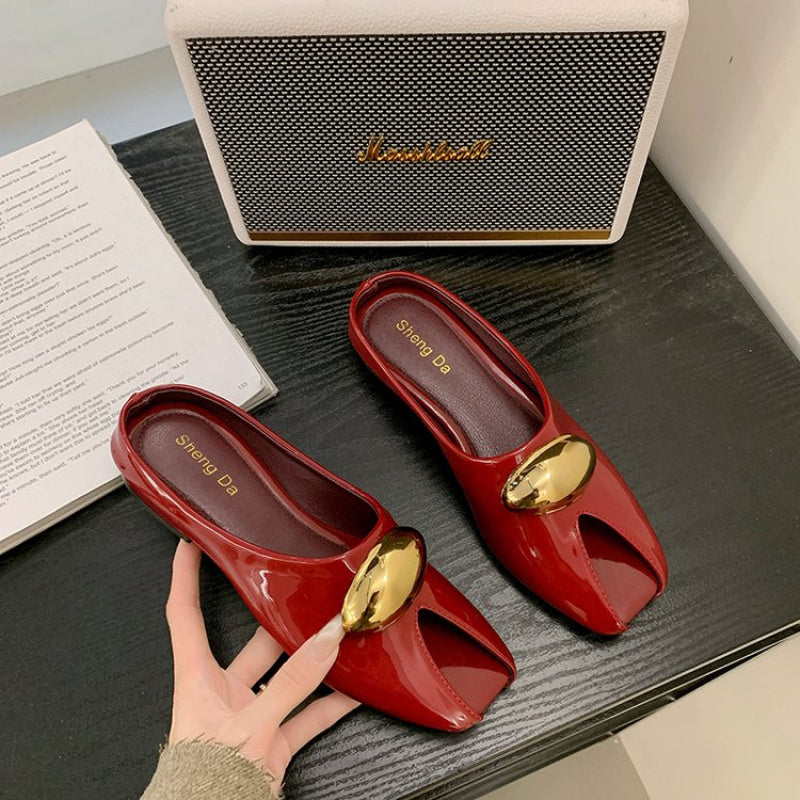 Women's PU Square Heel Closed Toe Slip-On Slippers - Low Heel (0.39-1.18inch) with Golden Buckle Detail, Red & Golden Color Block Design, Breathable Synthetic Cover & Rubber Sole for Summer Comfort, Dressy Slipons, Chic Slippers, Rubber Sole Footwear
