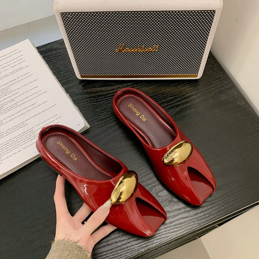 Women's PU Square Heel Closed Toe Slip-On Slippers - Low Heel (0.39-1.18inch) with Golden Buckle Detail, Red & Golden Color Block Design, Breathable Synthetic Cover & Rubber Sole for Summer Comfort, Dressy Slipons, Chic Slippers, Rubber Sole Footwear