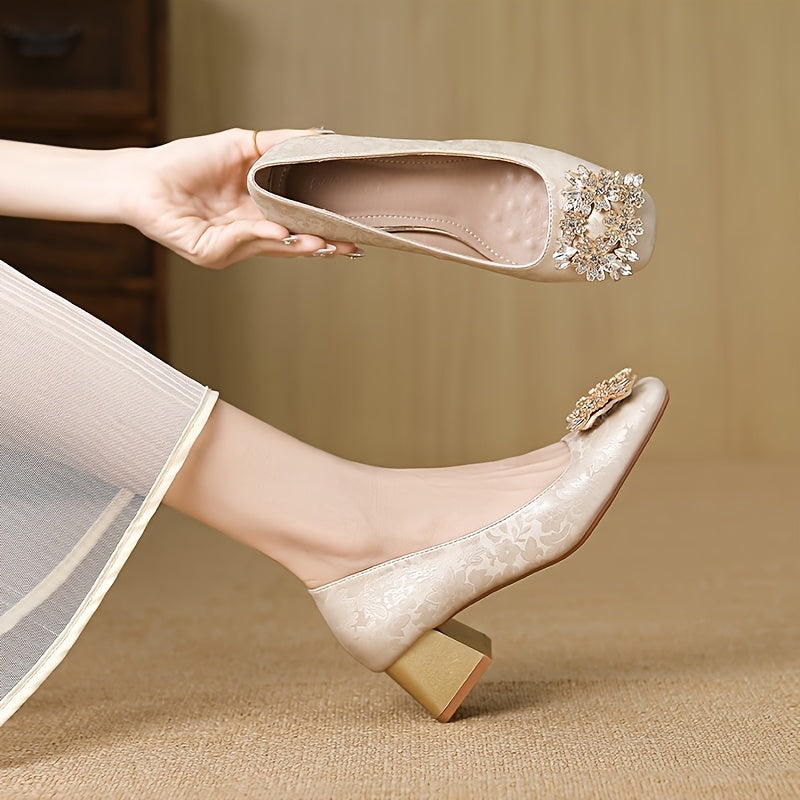 Huizhou-New Style Chinese National Style Fabric Chunky Heel Square Rhinestone Buckle Fashion Women's High Heels Versatile Wedding, Evening Gentle Shoes