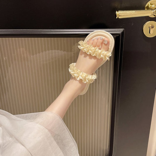 Women'S Summer Sandals - Elegant White Floral Design, Flat, Open-Toe, Synthetic, Rubber Sole