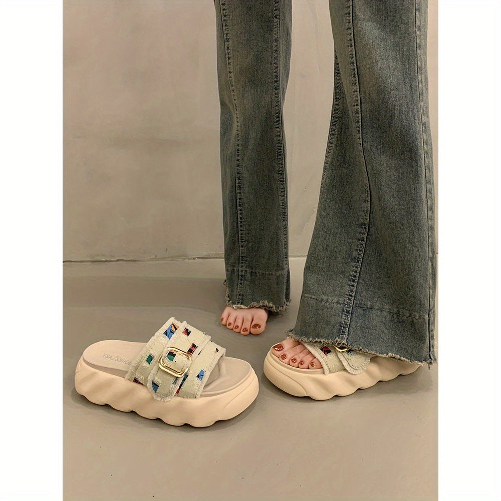 Women'S French-Inspired Chunky Sole Slide Sandals - White Fabric Upper with Colorful Embroidery