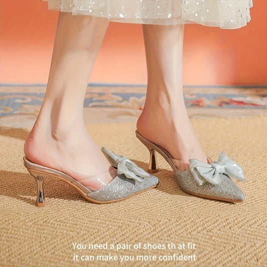 Elegant French-Inspired Pointed-Toe Mules with Bow Detail & Rhinestones - High Heel, Pointed Toe, Fabric Upper, Rubber Sole, Pointed Toe Mules
