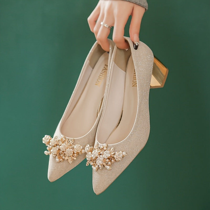 Women'S Elegant Golden-Tone High Heel Pumps with Floral Rhinestone Embellishments - Perfect for Formal Events, Weddings, and Formal Occasions, Formal Footwear | Floral Embellishments | Rubber Sol