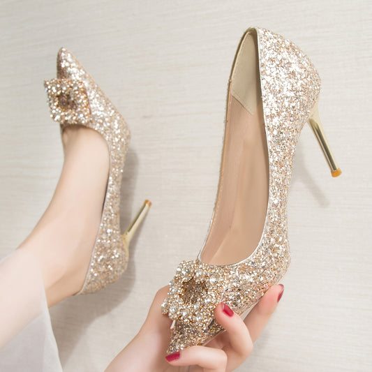1 Pair of Women's French Gilette Champagne High Heel Bridal Shoes with Golden Glitter Sequins, Comfortable for Both Wedding Dress and Main Wear