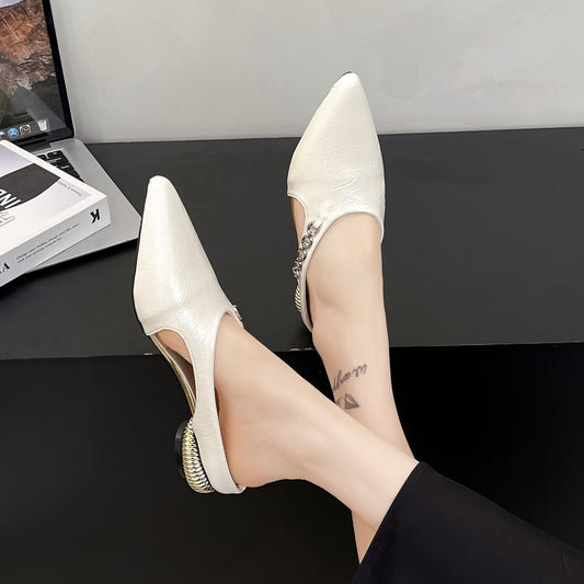 Women'S Black Pointed Toe Mules with Golden Buckle - Elegant PU Sandals for Summer