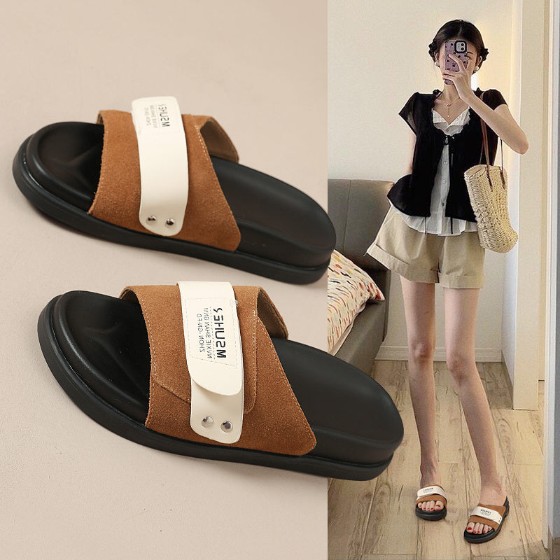Women'S Retro Chunky Sole Flat Sandals - Black Microfiber Cover, Thick Rubber Sole, Comfortable EVA Insole