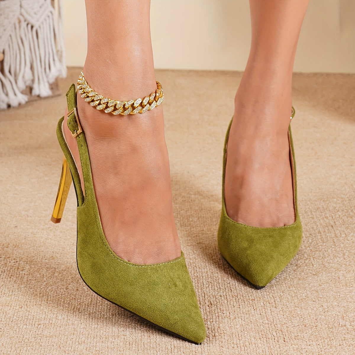 Women'S Elegant Pointed Toe Stiletto Shoes - Green with Golden Heels, Ultra High Heel, Synthetic Insole, Stylish Summer Footwear, Stylish High Heel Shoes | Sleek Heel Design | Durable Footwear