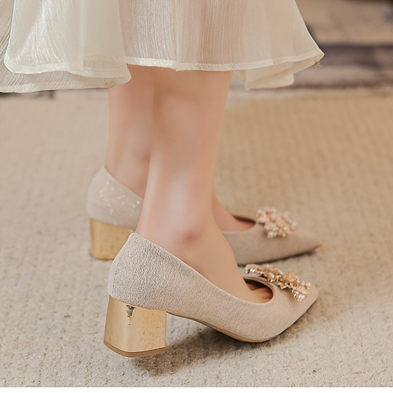 Women'S Elegant Golden-Tone High Heel Pumps with Floral Rhinestone Embellishments - Perfect for Formal Events, Weddings, and Formal Occasions, Formal Footwear | Floral Embellishments | Rubber Sol
