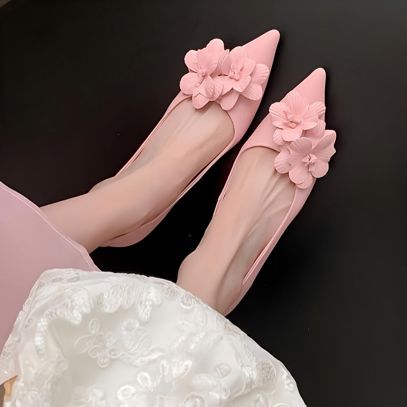 Women's French Floral-Decorated Pointed-Toe Low Block Heel Pumps - Elegant White Synthetic Cover Shoes with Cushioned Insole for All-Season Versatile Wear