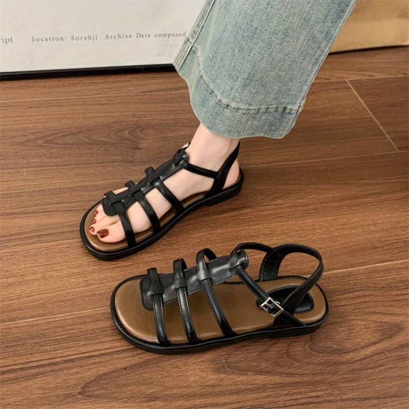 Elegant French Flat Sandals for Women - Summer Collection, Open Toe, Buckle Closure, Rubber Sole, Microfiber Upper & Insole, Ideal for Beach & Casual Outfits, Chic White Roman Style Sandals, Summer Footwear | Frenchinspired Design | Rubber Sole Sandal