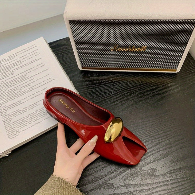 Women's PU Square Heel Closed Toe Slip-On Slippers - Low Heel (0.39-1.18inch) with Golden Buckle Detail, Red & Golden Color Block Design, Breathable Synthetic Cover & Rubber Sole for Summer Comfort, Dressy Slipons, Chic Slippers, Rubber Sole Footwear