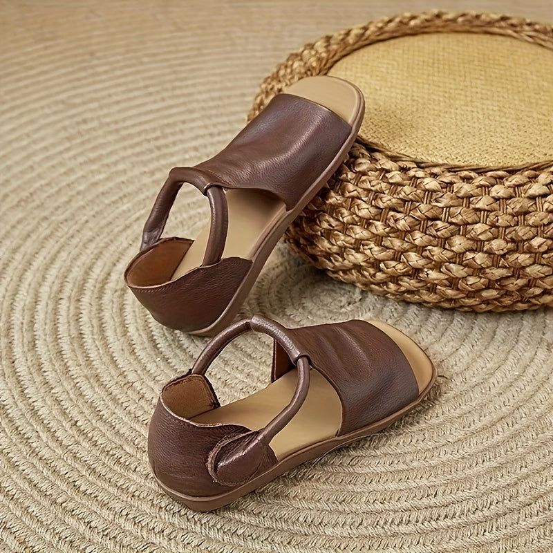 Comfortable Sandals Comfortable Brown PU Women's Summer Sandals | Open-Toe Flat Sandals with Adjustable Hook-and-Loop Strap, Soft Rubber Sole, Casual Strappy Sandals, Durable Footwear for All Seasons