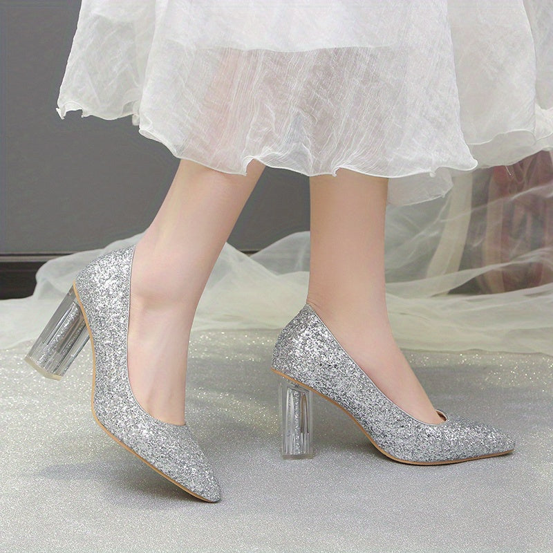 Women'S Rhinestone-Embellished Pointed-Toe High Heel Pumps - Glossy Synthetic Cover, Chunky Heel, All-Season Elegant Dress Shoes for Parties & Formal Events, High Heel Shoes, Party Footwear, Glamorous Shoe Design, Durable Grip Footwear