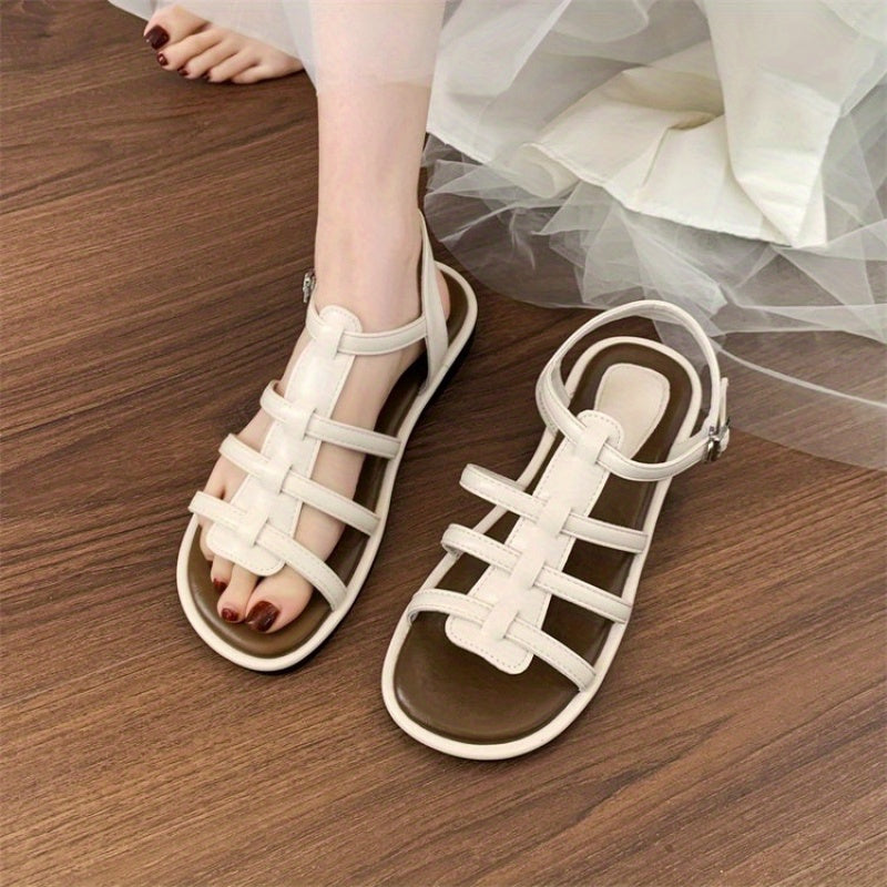 Elegant French Flat Sandals for Women - Summer Collection, Open Toe, Buckle Closure, Rubber Sole, Microfiber Upper & Insole, Ideal for Beach & Casual Outfits, Chic White Roman Style Sandals, Summer Footwear | Frenchinspired Design | Rubber Sole Sandal