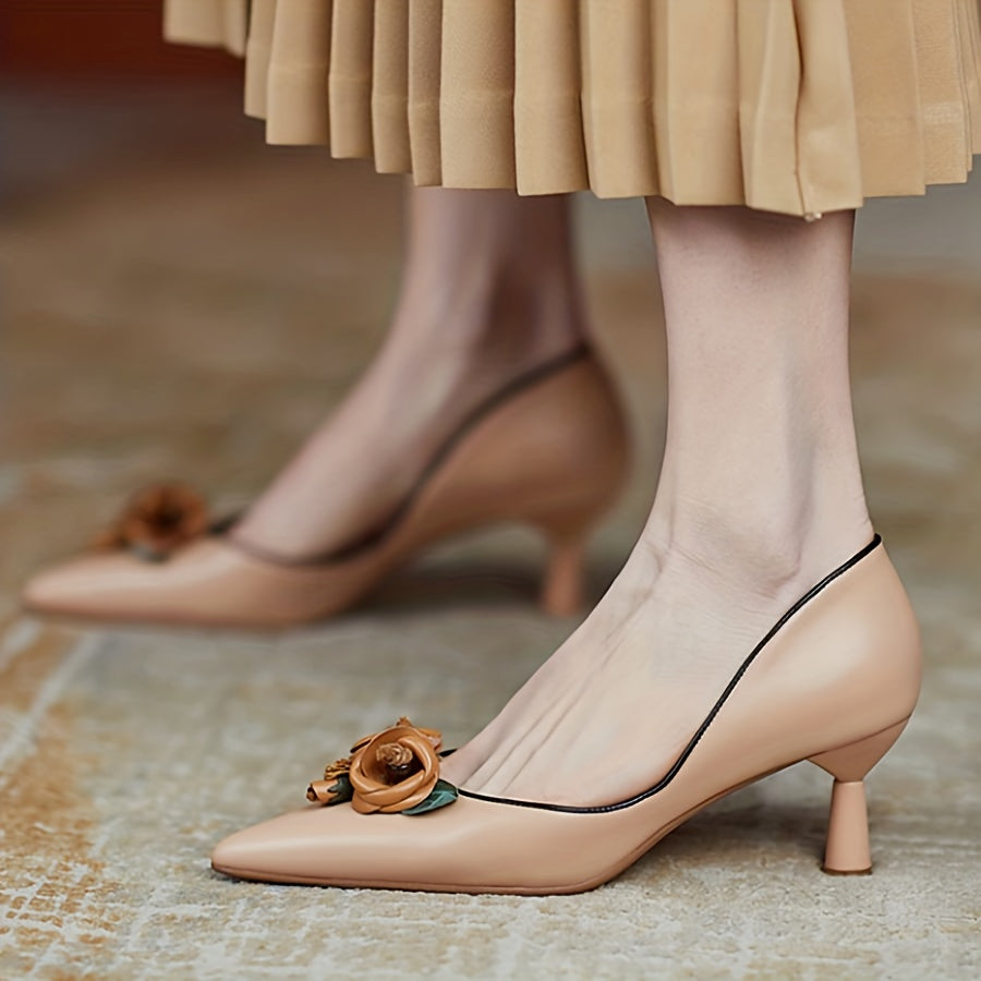 Floral Stiletto Pumps Elegant Women's Pointed-Toe Stiletto Pumps with Floral Accents | Mid-Height Heels, Faux Cover Upper & Rubber Sole | Fall Fashion Shoes in Beige & Brown