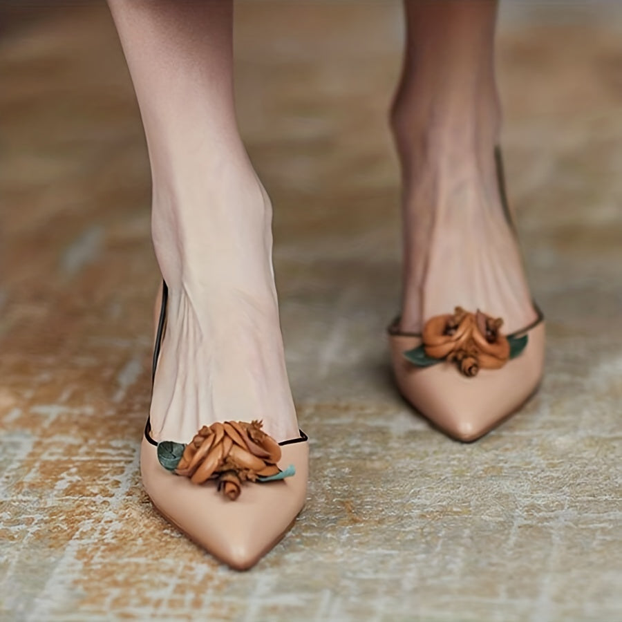 Floral Stiletto Pumps Elegant Women's Pointed-Toe Stiletto Pumps with Floral Accents | Mid-Height Heels, Faux Cover Upper & Rubber Sole | Fall Fashion Shoes in Beige & Brown