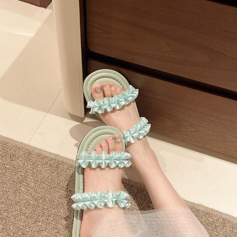 Women'S Summer Sandals - Elegant White Floral Design, Flat, Open-Toe, Synthetic, Rubber Sole