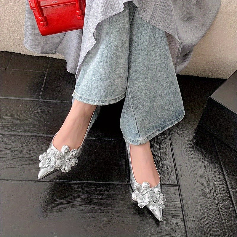 Women's French Floral-Decorated Pointed-Toe Low Block Heel Pumps - Elegant White Synthetic Cover Shoes with Cushioned Insole for All-Season Versatile Wear