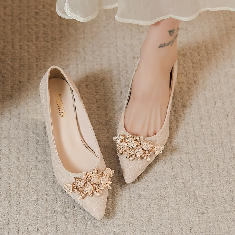 Women'S Elegant Golden-Tone High Heel Pumps with Floral Rhinestone Embellishments - Perfect for Formal Events, Weddings, and Formal Occasions, Formal Footwear | Floral Embellishments | Rubber Sol
