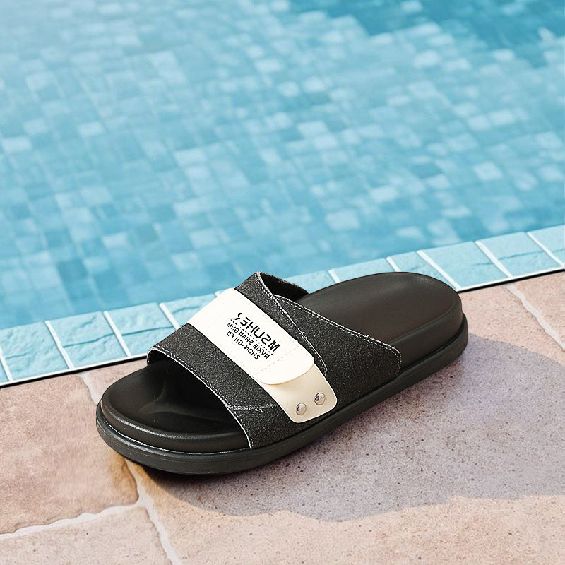 Women'S Retro Chunky Sole Flat Sandals - Black Microfiber Cover, Thick Rubber Sole, Comfortable EVA Insole