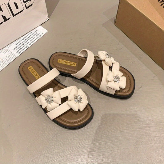 2025 New Korean Style Summer Open-Toe Flat Sandals for Women - Casual Fashion, Floral Embellishments, Non-Slip Rubber Sole, Ankle Strap, Beige & Black Design, Summer Sandal