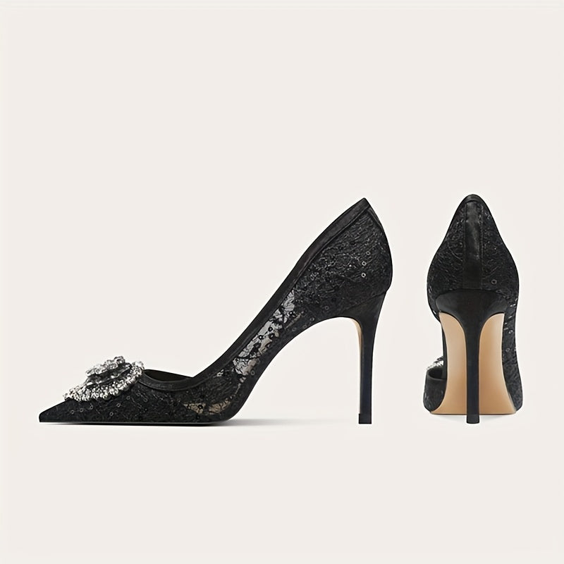 Elegant Women's Floral Lace High Heels with Rhinestone Embellishments, Pointed-Toe Stiletto Sandals - Side Cut-Out Design, Sheer Mesh Upper, Rubber Sole, Perfect for Weddings & Formal Events, Stiletto Heels