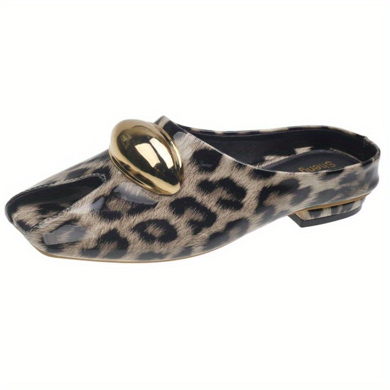 Women's PU Square Heel Closed Toe Slip-On Slippers - Low Heel (0.39-1.18inch) with Golden Buckle Detail, Red & Golden Color Block Design, Breathable Synthetic Cover & Rubber Sole for Summer Comfort, Dressy Slipons, Chic Slippers, Rubber Sole Footwear