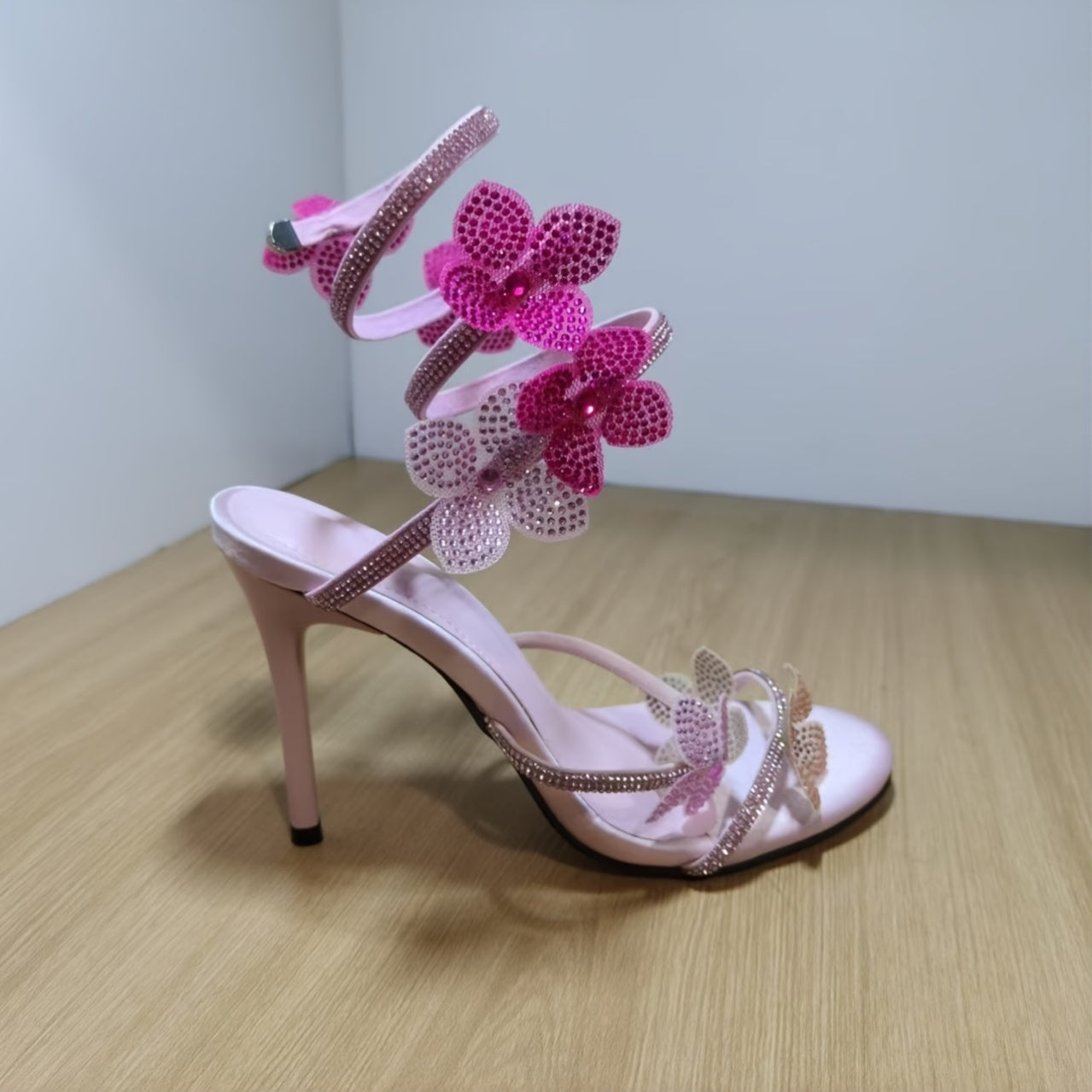 Women'S Rhinestone-Embellished Floral High Heel Shoes - Open-Toe Stiletto Pumps with Ankle Strap, Synthetic Cover & Rubber Sole for All-Season Formal & Party Wear, High Heel Shoes, Party Footwear, Elegant Footwear, Durable Footwear
