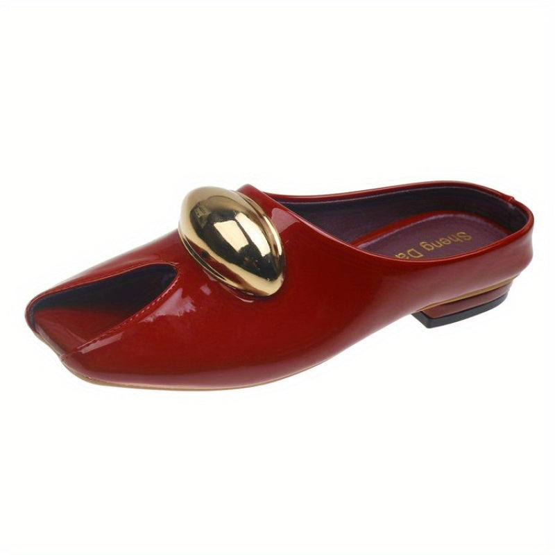 Women's PU Square Heel Closed Toe Slip-On Slippers - Low Heel (0.39-1.18inch) with Golden Buckle Detail, Red & Golden Color Block Design, Breathable Synthetic Cover & Rubber Sole for Summer Comfort, Dressy Slipons, Chic Slippers, Rubber Sole Footwear