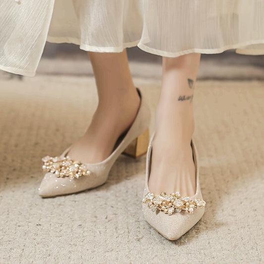 Women'S Elegant Golden-Tone High Heel Pumps with Floral Rhinestone Embellishments - Perfect for Formal Events, Weddings, and Formal Occasions, Formal Footwear | Floral Embellishments | Rubber Sol