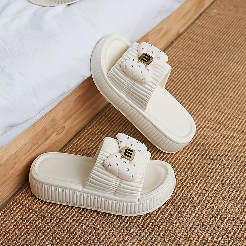 Summer Slippers Japanese & Korean Style Women's Apricot Bow EVA Slippers | Thick Sole