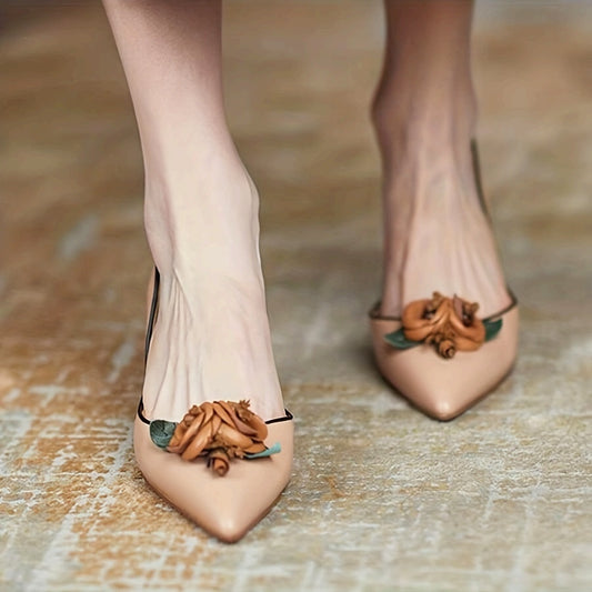 Floral Stiletto Pumps Elegant Women's Pointed-Toe Stiletto Pumps with Floral Accents | Mid-Height Heels, Faux Cover Upper & Rubber Sole | Fall Fashion Shoes in Beige & Brown