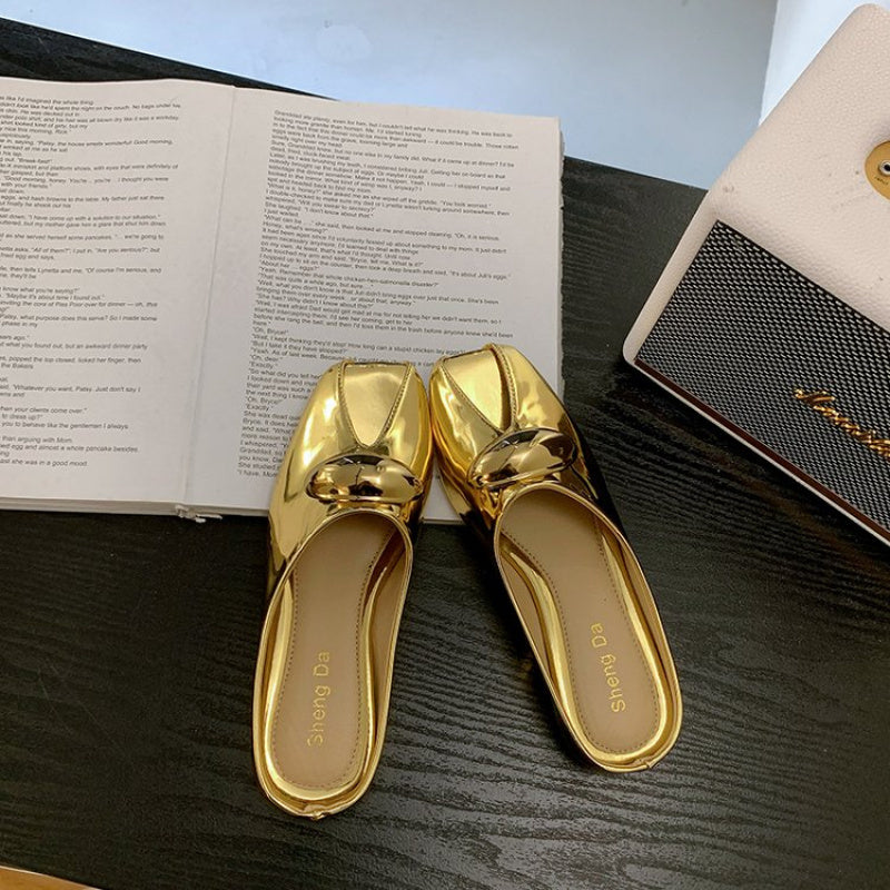 Women's PU Square Heel Closed Toe Slip-On Slippers - Low Heel (0.39-1.18inch) with Golden Buckle Detail, Red & Golden Color Block Design, Breathable Synthetic Cover & Rubber Sole for Summer Comfort, Dressy Slipons, Chic Slippers, Rubber Sole Footwear