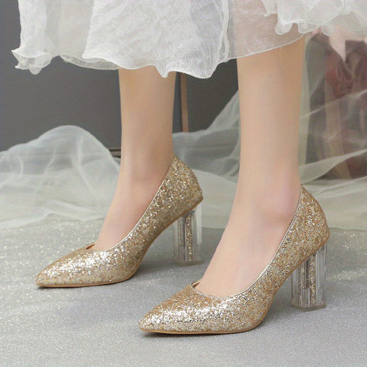 Women'S Rhinestone-Embellished Pointed-Toe High Heel Pumps - Glossy Synthetic Cover, Chunky Heel, All-Season Elegant Dress Shoes for Parties & Formal Events, High Heel Shoes, Party Footwear, Glamorous Shoe Design, Durable Grip Footwear