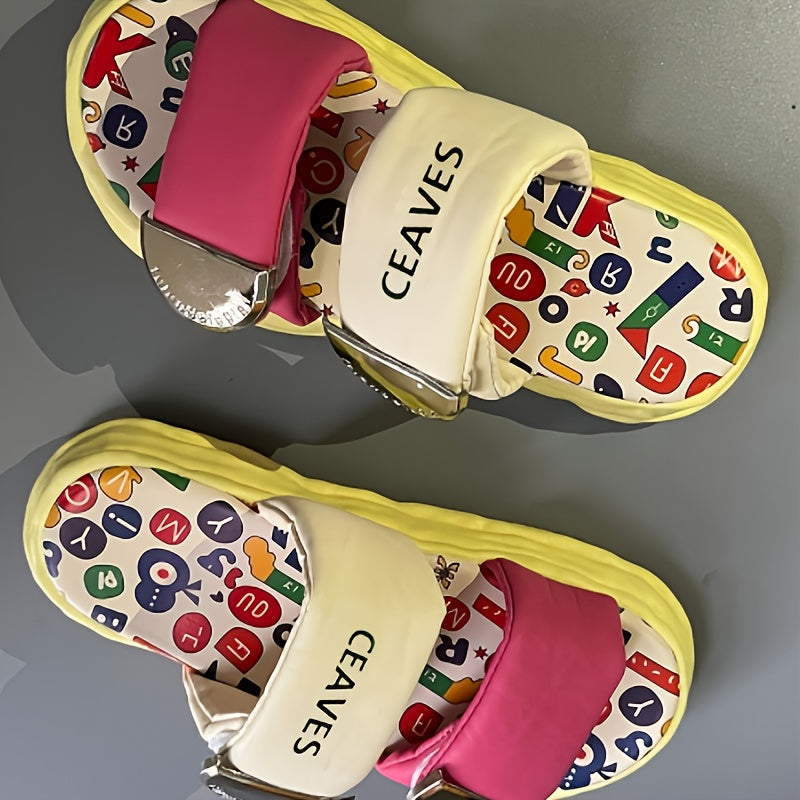 Women'S Graffiti Slippers with Cartoon Dopamine Design, Easy Closure & Anti-Slip Thick Rubber Sole - White & Pink Summer Sandals for Casual Outfits, All-Season Comfort, Casual Footwear | Playful Design | Durable Footwear