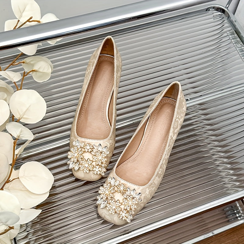 Huizhou-New Style Chinese National Style Fabric Chunky Heel Square Rhinestone Buckle Fashion Women's High Heels Versatile Wedding, Evening Gentle Shoes