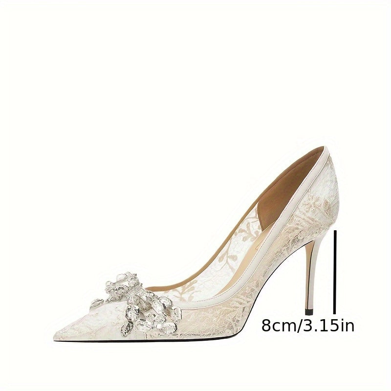 The 2025 summer new lace wedding shoes, with a fairy style, pointed toe, rhinestone, thin heel and breathable high heels, are versatile for brides and are selling well during the wedding season