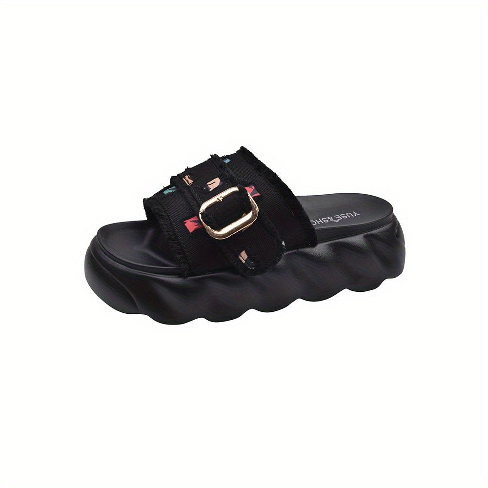 Women'S French-Inspired Chunky Sole Slide Sandals - White Fabric Upper with Colorful Embroidery