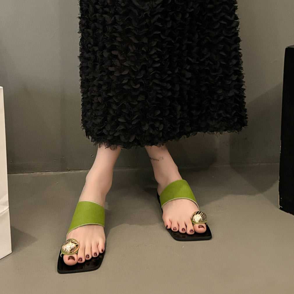 Elegant Women'S Flat Sandals - Black Open Toe Slip-On with Green Toe Straps, TPR Sole, Synthetic Cover Summer Casual Shoes for Casual Attire, Strappy Sandals