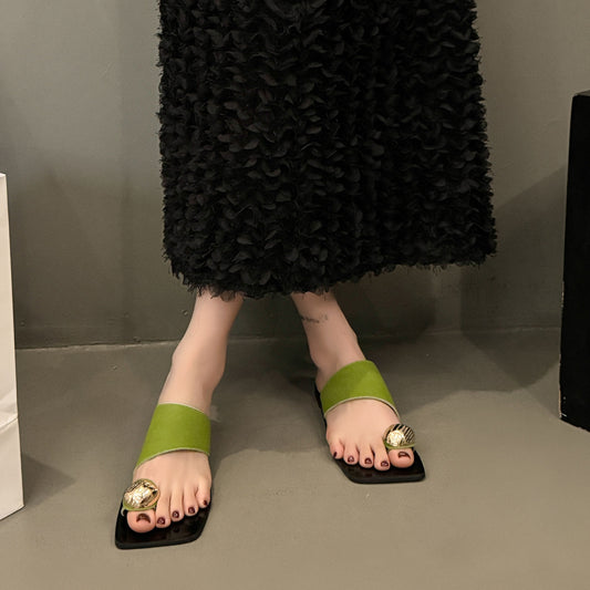 Elegant Women'S Flat Sandals - Black Open Toe Slip-On with Green Toe Straps, TPR Sole, Synthetic Cover Summer Casual Shoes for Casual Attire, Strappy Sandals